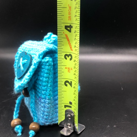 Handmade Crochet Mini Bag Keychain – Blue Colorblock, with Heart Button & Tassel - Picture 12 of 15